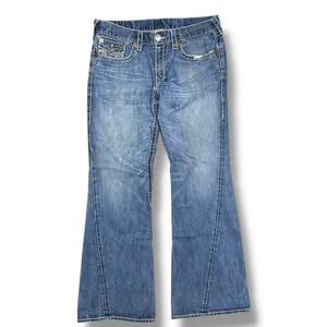 True Religion Joey Big T Jeans Mens 36x33 Flare Bootcut Distressed Blue Denim
